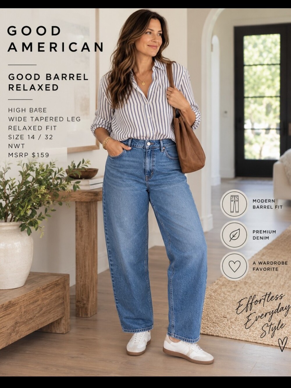 Good American Good Barrel Relaxed Jeans NWT Size 14/32 Indigo High Rise